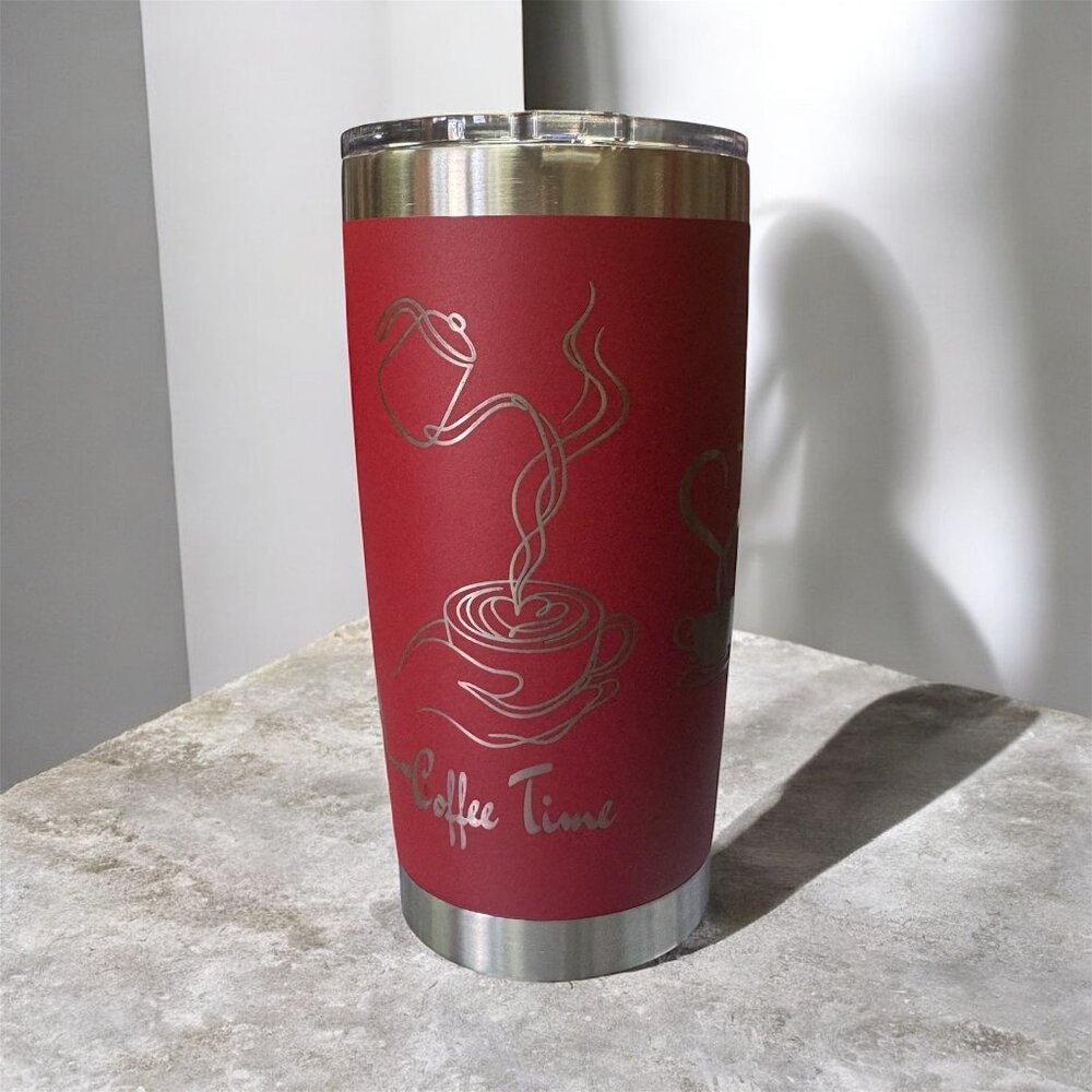 Stainless Steel Insulated Coffee Tumbler with Lid, Red with Engraved Coffee Desi